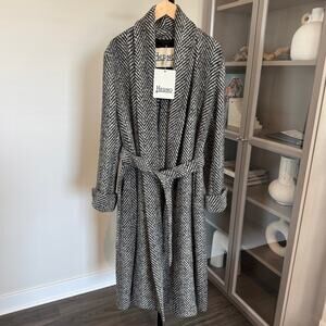 Herno Wool Belted Maxi Coat NEW Black Herringbone Wrap Shawl Collar Size 50 XL